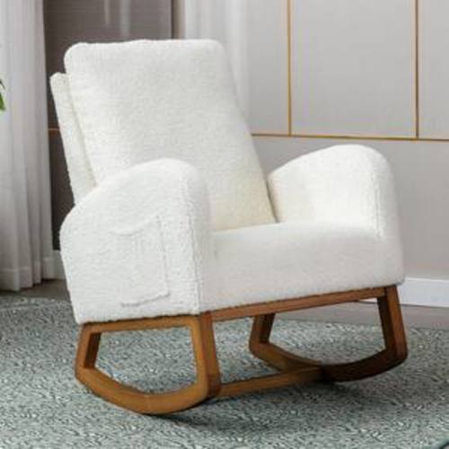 Modern Teddy Solid Wood Frame Rocking Chair Nursery Chair with High Back and Side Pocket