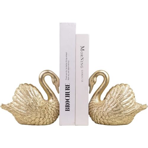 Swan Decorative Bookends,Resin Book Ends for Shelves,Unique Gold Book Holders,Heavy Duty Swan Decor for Home Office Desk Bookshelf,Set of 2,Gifts for Anniversary