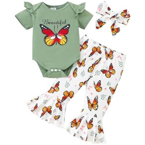 SUNNY PIGGY Baby Girl Clothes Newborn Infant Ruffle Romper Butterfly Floral Cotton Pants Set Girls Clothing Outfit