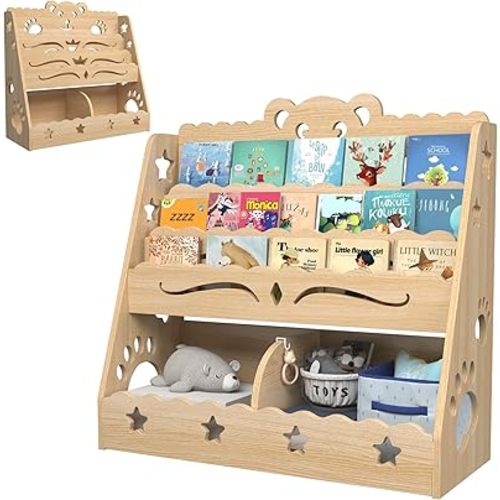 Montessori Kids Bookshelf, Wooden Kids Book Rack Storage, Montessori Bookshelf for Kids, Durable Children's Bookcase for Nursery, Kids Room, Playroom, Toddler Bookshelf Rack.
