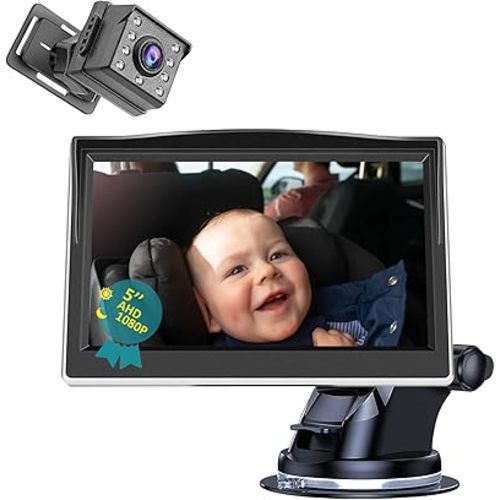 Baby Car Camera 5 Inch 1080P Display,150°Wide View Angle Back Seat Car Camera for Baby with Monitor,Night Vision Function Car Seat Camera for Baby Rear Facing,Newborn Boy Girl Infant Bebe Essentials