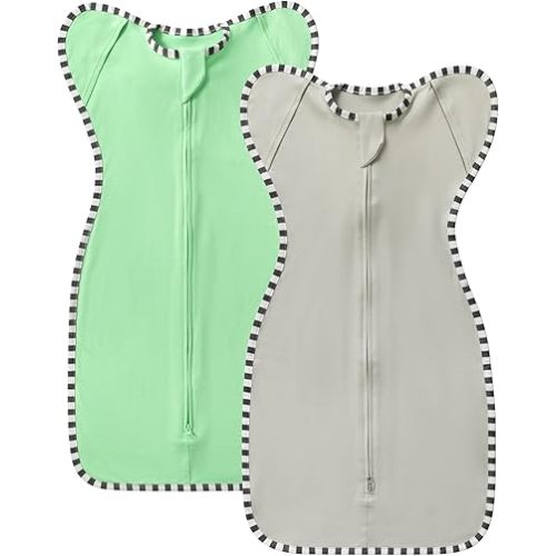 Transition Swaddle, 2 Pack 100% Cotton Baby Sleep Sack, 2-Way Zipper Infant Arm Up Swaddle for Newborn Baby Boys Girls (Green + Grey, S(0-3 Months))