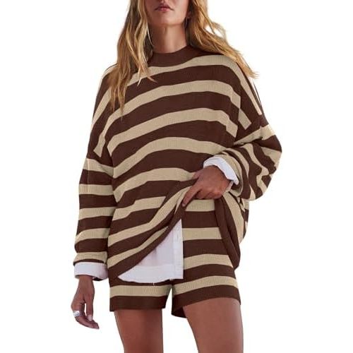 LAMISSCHE Womens Oversized Lounge Sets 2 Piece Outfits Striped Matching Pajama Set Long Sleeve Sweater Set