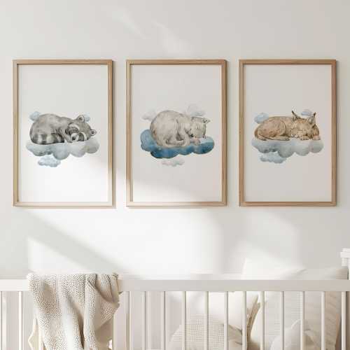 Nursery decor woodland poster, Animal wall art Print, Nature Kids Playroom Art, Cloud Animals, Watercolor Raccoon Wolf Lynx Fox Hare Bear 46