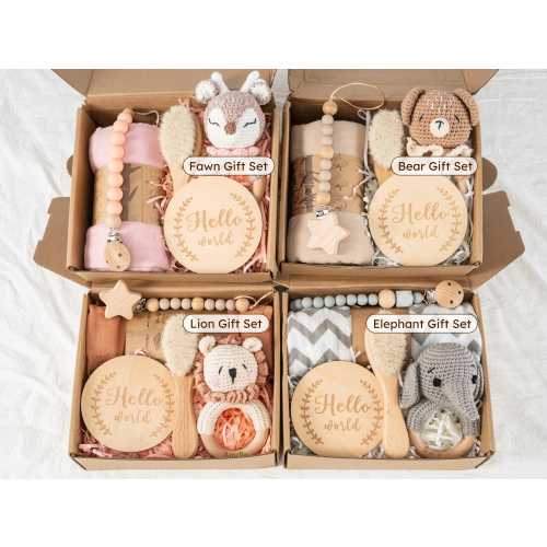 Personalized Baby Shower Gifts Box with Crochet Animal Rattle Chain and Pacifier Chain, New Baby Gift Box, New Mom Gift Basket, Neutral Gift