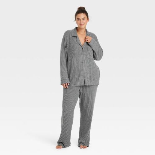 Women's Cozy Ribbed Long Sleeve Notch Collar Shirt And Pants Pajama Set - Auden™ Oatmeal 2x
