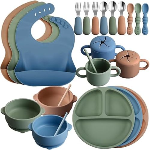 24 Pack Silicone Baby Feeding Set Baby Led Weaning Supplies Includes Suction Divided Plates Soft Bowl Spoons Forks Adjustable Bib Snack Cup and Straws for Baby (Dark Green, Dark Blue, Walnut Color)