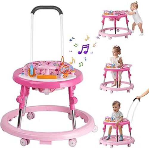 Baby Walker, Activity Center with Feeding Tray & Music, 9-Gear Height Adjustable Foldable Baby Walker for Boys and Girls from 6-18 Months with Push Handle, Footrest, Mute Wheels Anti-Rollover