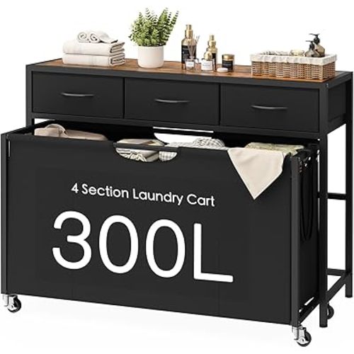Laundry Sorter, Rolling Laundry Hamper with 4 Section Pull-Out Bags, 300L Large Laundry Basket Organizer with 3 Drawers, Laundry Hamper with Wheels for Laundry Room Organization, Bathroom, Bedroom