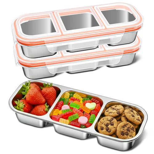 QCQHDU Snack Containers, Reusable Stainless Steel 3 Compartment Condiment Metal Bento Lunch Box with Lids, Divided Snack Food Storage Lunchable Containers for Home, Work, Travel, Camping, 3 Pack