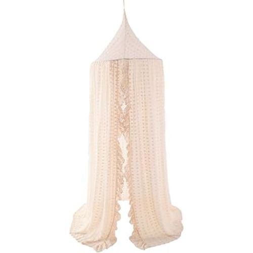Wonder Space Elegant Kids Bed Canopy - Lace Chiffon Netting with Pom Pom, Princess Girls Fairy Dream Tent, Nursery Room Baby Crib Hanging Curtain Mosquito Net Children Reading Nook Decoration (Beige)
