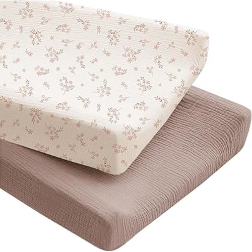 Konssy 2 Pack Muslin Changing Pad Covers for Boys, Ultra Soft & Breathable Cotton Baby Diaper Changing Table Covers, Neutral Nursery Diaper Changing Pad Sheets (Soft Blooms,Taupe)