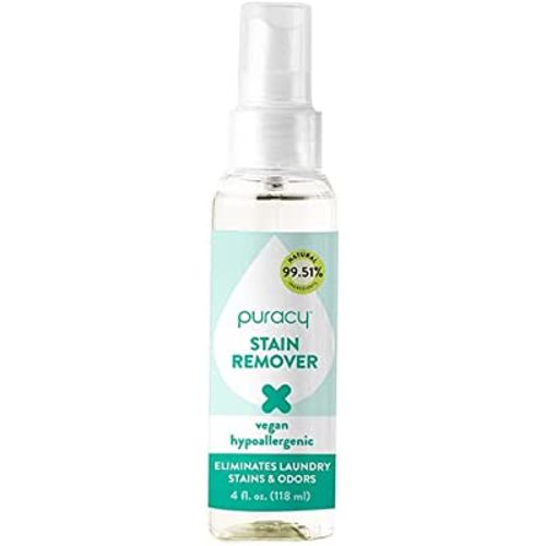 Puracy Stain Remover for Clothes, Laundry Spray for Fresh & Set-In Clothing Stains, Enzyme-Based Laundry Stain Remover, 98.95% Plant-Powered Natural Stain and Odor Cleaner, Free & Clear, 4 Fl Oz Travel Size Stain Remover