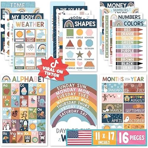 Hadley Designs 16 Educational Posters for Toddlers 1-3, Laminated Toddler Learning Posters for Preschool & Kindergarten, ABC Chart, Numbers, Colors, Shapes, Days of The Week, Boho Classroom Decor