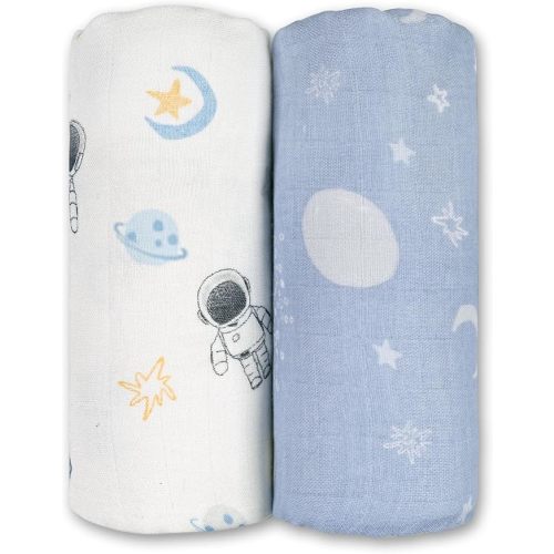GLLQUEN BABY Muslin Swaddle Blankets Breathable Receiving Blankets (35" x 40") 2-Pack Soft Baby Blankets for Girls and Boys Newborn Essentials Muslin Burp Cloths Swaddle Wrap Baby Gift(Astronaut)