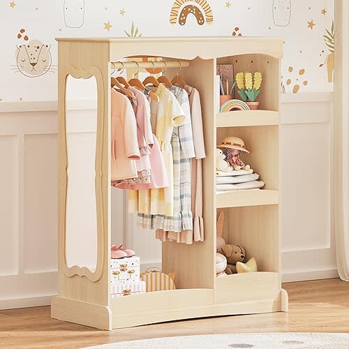 Kids Dress Up Storage with Flower Mirror, Open Hanging Closet Wardrobe for Children, Kids Armoire & Costume Organizer for Bedroom Playroom,Wood Color