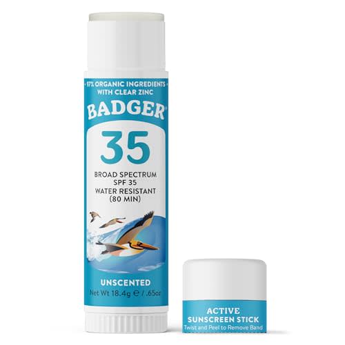 Badger Face Sunscreen Stick SPF 35 with Mineral Zinc Oxide, Travel Size Sunscreen, 97% Organic Ingredients, Reef Friendly SPF Stick Sunscreen for Face, Unscented, 0.65 oz