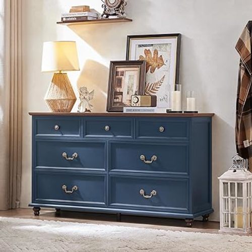 Farmhouse 7 Drawers Dresser for Bedroom, Navy Blue 54 Inch Wide Chest of Drawers w/ 4 Wooden Legs, Vintage Rustic Closet Dressers for Living Room, Large Wood TV Stand with Storage Organizer