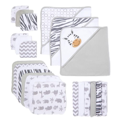Spasilk Infant Soft Hooded Bath Towels & Washcloths Set, 23-Piece Baby Gift Set, White Zebra