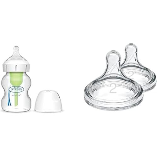 Dr. Brown's Natural Flow Anti-Colic Options+ Wide-Neck Glass Baby Bottle 5 oz/150 Ml & Natural Flow Level 2, Wide-Neck Baby Bottle Silicone Nipple, Medium Flow, 3m+, 100% Silicone, 2 Count (Pack of 1)
