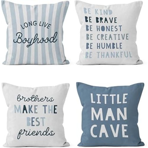 HIWX Blue Boy Nursery Pillow Covers 18x18 Set of 4, Kids Playroom Decor, Little Man Cave Long Live Boyhood Inspirational Decorative Pillow Covers for Kids Boy Nursery Room Playroom Bedroom Decor