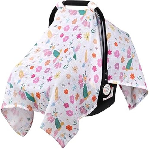 Rquite Muslin Car Seat Cover Baby, Carseat Covers Baby Girl Boy, Breathable Lightweight Infant Car Seat Cover, Baby Carrier Cover Car Seat Canopy Stroller Sun Shade for Summer & Hot Day, Universal Fit