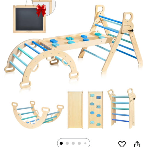 BlueWood Pikler Triangle Set, Foldable Wooden Climbing Toys Set, Indoor Playground Jungle Gym, Montessori Climbing Set for 2-6 Years Old, Toddlers, Baby, Kids (Sky Blue)