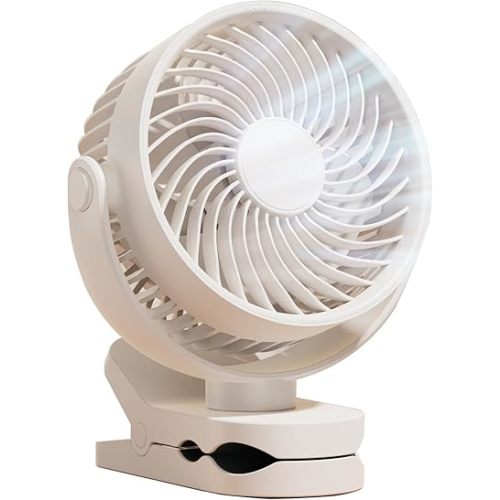 Personal Clip on Fan 2000mAh Battery Operated, Type-C 4 Speed Max 8.5 Hrs 360° adjustment Clip fan, Small Portable Fan for Office, Bedroom, Desk, dormitory, Camping, Stroller, Golf Cart - White