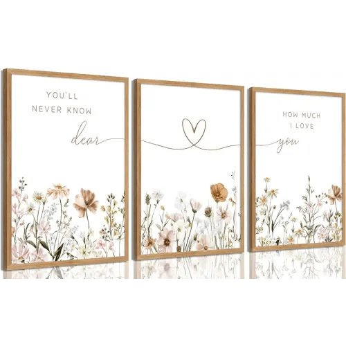 3 Pcs Boho Nursery Wall Art (Wood Color Framed, 24L x 16W)