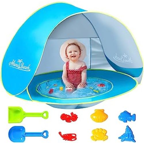 Monobeach Baby Beach Tent with Beach Sand Toys Pop Up Portable Shade Pool UPF50+ UV Protection Sun Shelter for Infant with Easy Set Up Canopy (Blue with Beach Sand Toys)