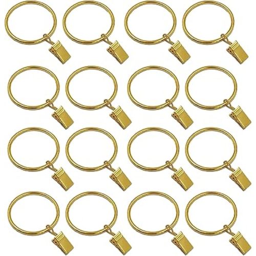 16 Pcs Curtain Rings with Clips, Window Clip Rings Curtain Hooks Hangers Clip Rings for Hanging Drapery Drapes Bows, 1.5 Inch Diameter, Gold