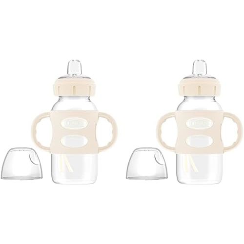 Dr. Brown’s® Milestones™ Wide-Neck Sippy Bottle with 100% Silicone Handles, Easy-Grip Bottle with Soft Sippy Spout, 9oz/270mL, BPA Free, Ecru, 6m+ (Pack of 2)