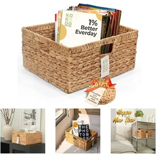 KOKODO 15"Lx11"W Large Rectangular Water Hyacinth Wicker Storage Baskets with Handles and Metal Frame, Stylish and Durable Handwoven Bin for Space-saving Room Organizing or Decorative Wicker Basket