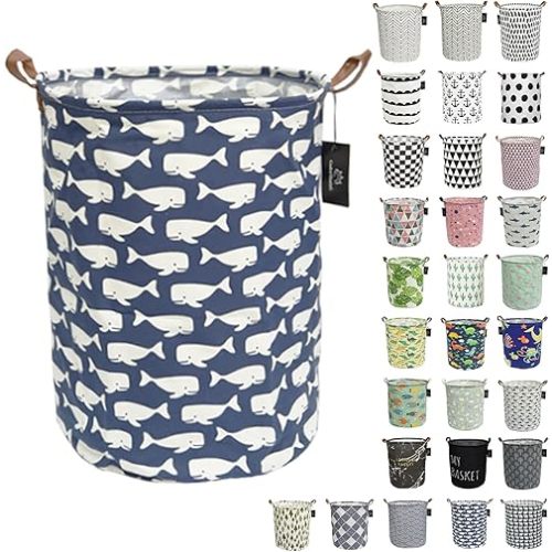 laundry baskets, bedroom hamper, kitchen organization, Waterproof Round Cotton Linen Collapsible storage basket. (Blue Whale)