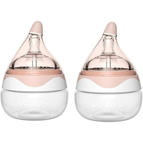 POTATO Glass Baby Bottles for Newborn Babies, Anti Colic Breastfeeding Bottle with Wide Neck, Slow Flow, 2pack, 2.5oz, Pink