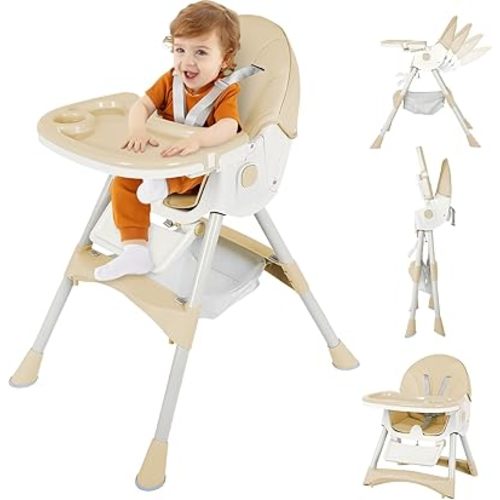 6-in-1 Foldable Baby High Chair for Babies & Toddlers – Adjustable Height & Recline, 5-Point Safety Harness, Removable Tray | Portable Highchair, Space-Saving & Easy Clean | Silla de Comer para Bebé
