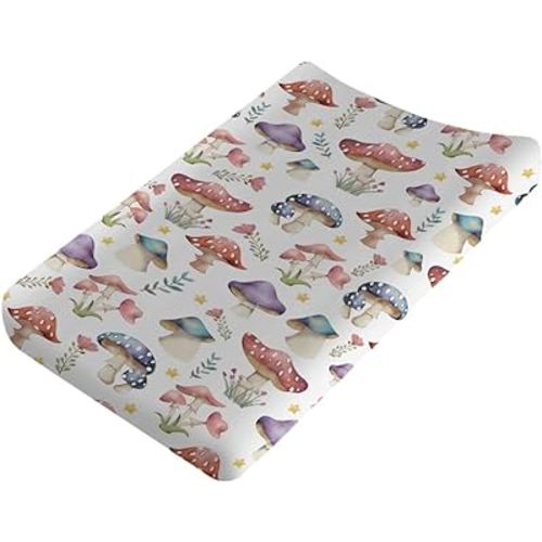 Watercolor Mushroom Forest Changing Pad Covers Mushroom Floral Leaves Diaper Change Table Sheets for Boy Girl Woodland Fantasy Soft Breathable Stretch Baby Changing Table Cover Mats 32''x16''
