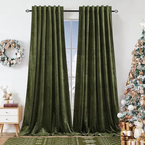 Dchola Olive Green Velvet Curtains for Bedroom Window with Back Tab, Super Soft Vintage Luxury Heavy Drapes, Room Darkening Thermal Insulated Curtain for Living Room, W52 by L84 inches, 2 Panels