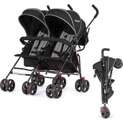 Dream On Me Volgo Twin Baby Stroller, Lightweight Side-by-Side Double Umbrella Stroller with Adjustable Canopy, 5-Point Harness, Storage Basket & Travel-Friendly Fold – Black