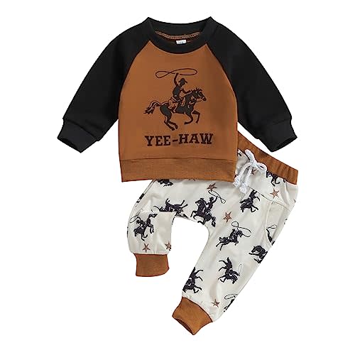 Doqcey Western Baby Boy Clothes Yee Haw Long Sleeve Sweatshirt Tops Ride Horse Pants Set Toddler Cowboy Fall Winter Outfit