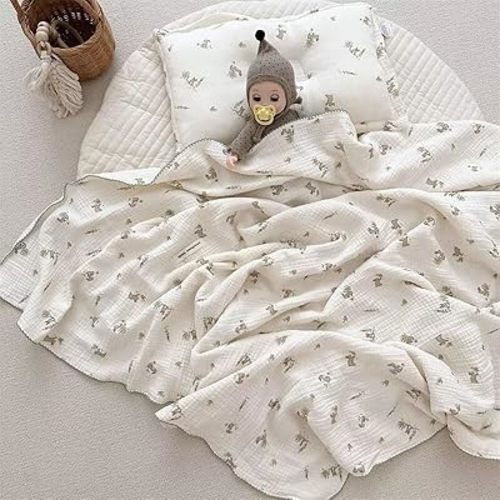 BuLuTu Gray Rabbit Theme Toddler Blanket 4 Layer Cotton Muslin Toddler Bed Blankets Soft Breathable Swaddle Blankets for Baby Boys Girls Crib Quilt, All Seasons,47"x51"