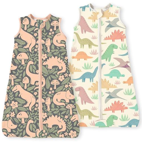 Dino Sleep Sack 6-12-15 months 2-Pack,0.5 TOG Stretchy Summer Baby Wearable Blanket with 2-Way Safe Zippers, Cozy Soft Sleeping Bag for Babies