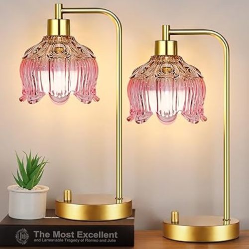 ILLMTW Pink Table Lamp Set of 2,Small Gold Bedside Lamps Dimmable Boho Bedroom Lamp with Tulip Flower Glass Lamp Shade,Vintage Mid Century Modern Mini Nightstand Lamp for Bedroom Living Room