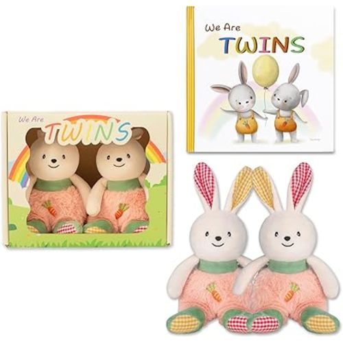 Twin Baby Gifts for Boy and Girl Twin Babies Items Essentials Storybook/Plush Rabbit Rattle 2-Piece Set