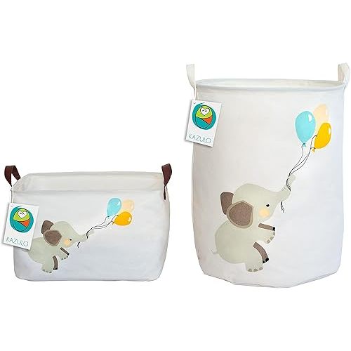 KAZULO Elephant Baskets 2 Pack Set, Kids Laundry Baskets, Baby Laundry Basket, Baby Hamper for Nursery, Baby Laundry Hamper, Nursery Baskets (Elephant and Balloons Bundle)