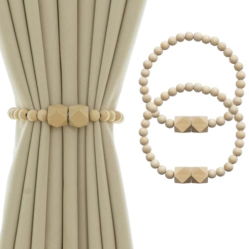 Contoeey Magnetic Curtain Tiebacks Farmhouse Tie Backs for Curtains 2 Pack Boho Window Curtain Holdbacks Wood Bead Curtain Tie Backs for Bedroom Decor, Natural Wood
