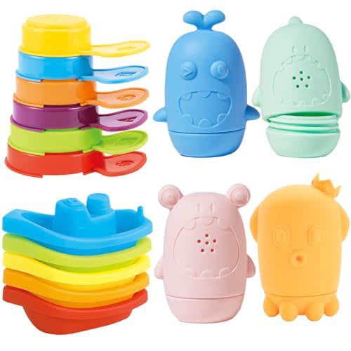 Baby Bath Toys for Toddlers, 15 PCS Mold Free Bathtub Water Play Toys with Floating Boats Spoons and Silicone Sensory Bath Toys, Water Table & Pool Toys for Babies and Toddlers