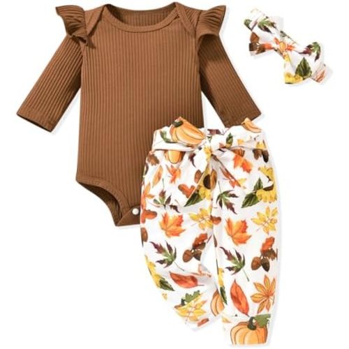 Aalizzwell Preemie Newborn Infant Baby Girls Clothes Ribbed Romper Bodysuit Pants Set Fall Winter Outfits