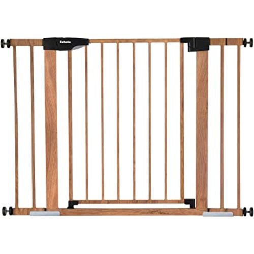 Mom's Choice Award Winner-BABELIO 26-40" Metal Baby Gate with Wood Pattern, Easy Install Pressure Mounted Dog Gate, Ideal for Stairs and Doorways, with Wall Protectors and Extenders,No Tools Required