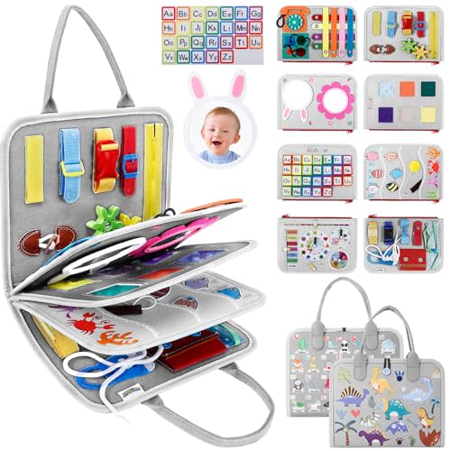 JHkim Busy Board Montessori Toys for Aged 1 2 3 4 Boy & Girl Birthday Gifts, Autism Sensory Travel Toys for Toddlers, Educational Activity Sensory Board Preschool Learning Fine Motor Skills Toys, Gray